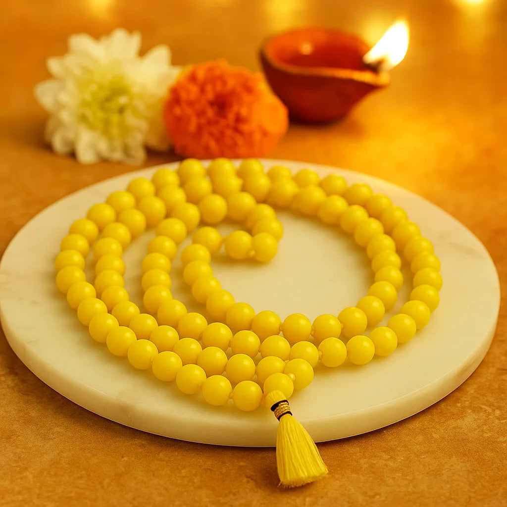 Yellow Sphatik Japa Mala 108 Beads for Meditation Prayer Puja and Mantra Chanting