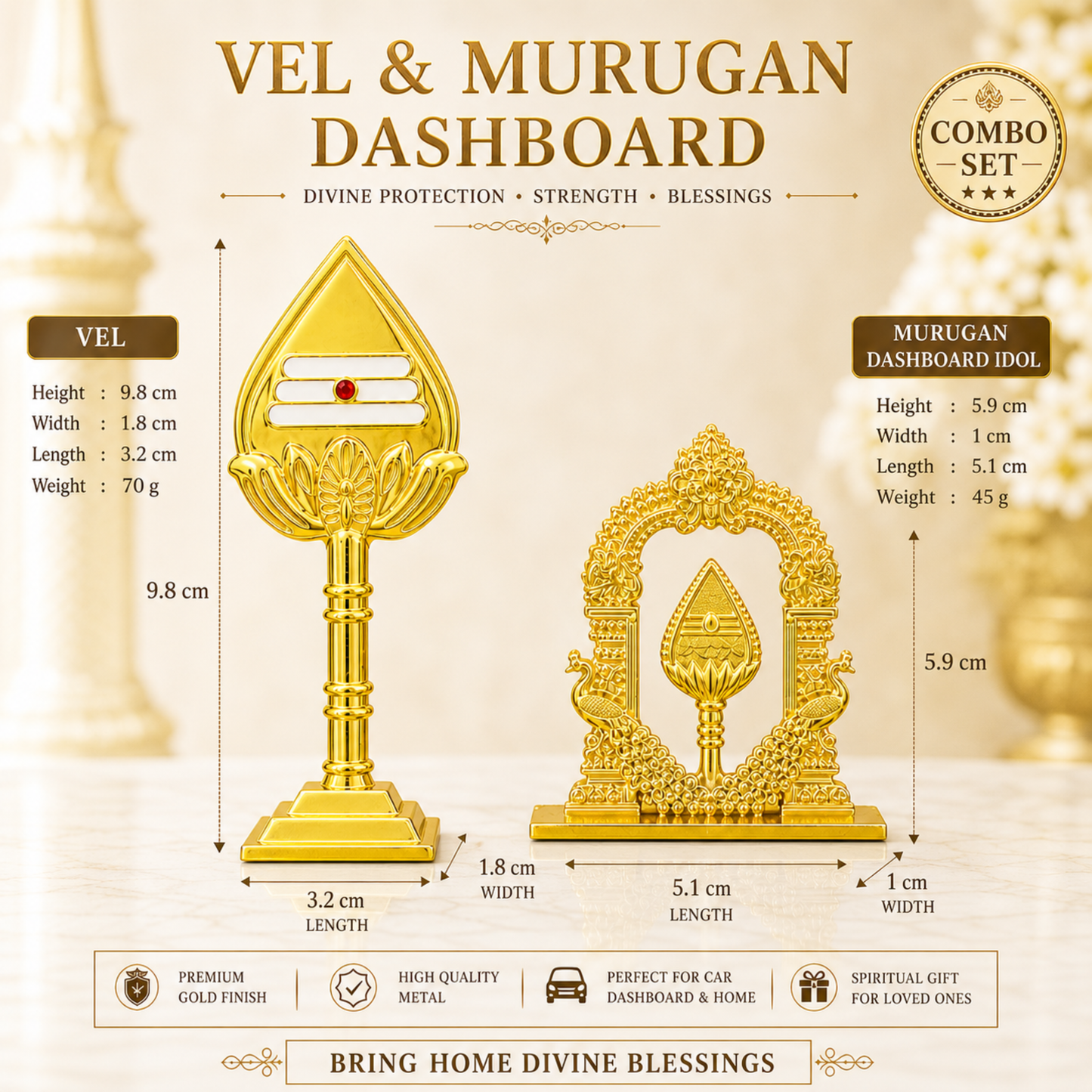 Murugan Vel Combo Dashboard Idol for Car and Home Mandir
