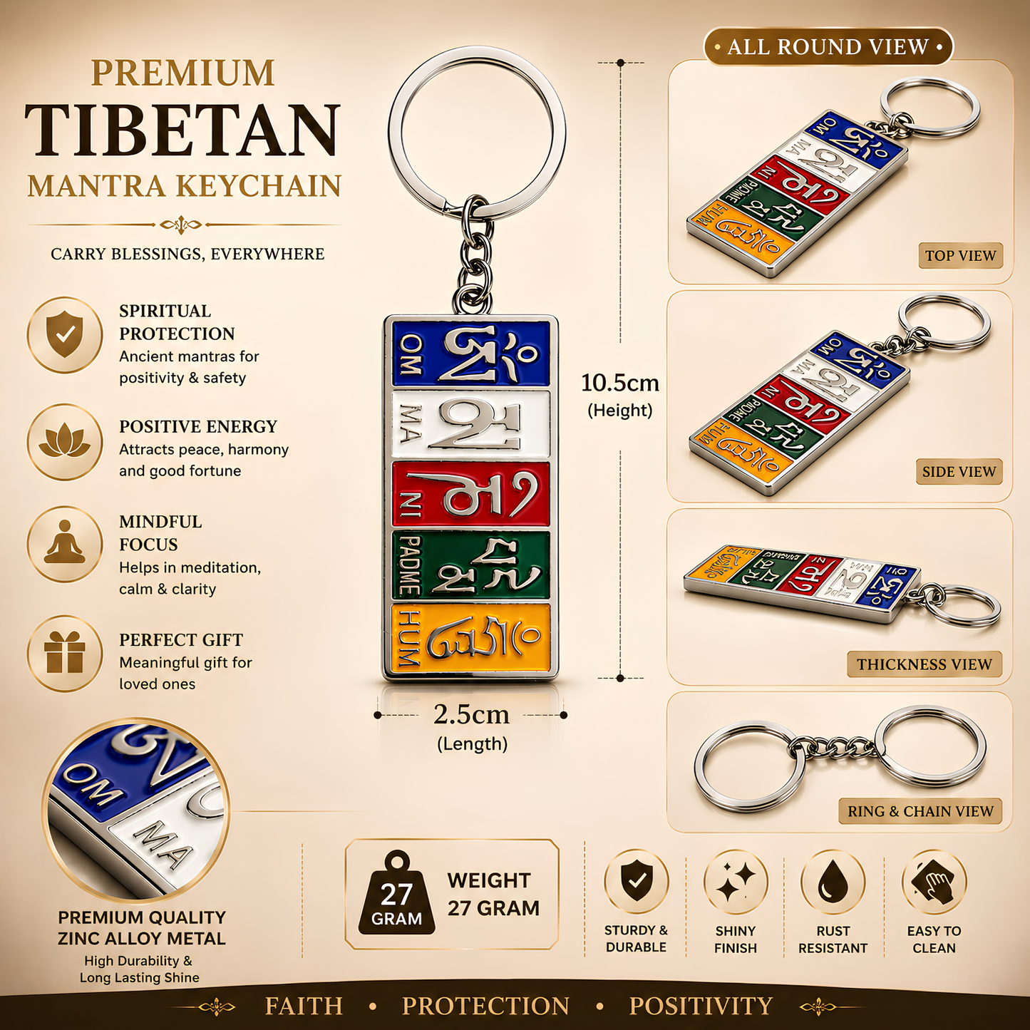 Om Mani Padme Hum Keychain | Tibetan Buddhist Mantra Metal Key Ring for Car, Bike, House Keys & Spiritual Gift