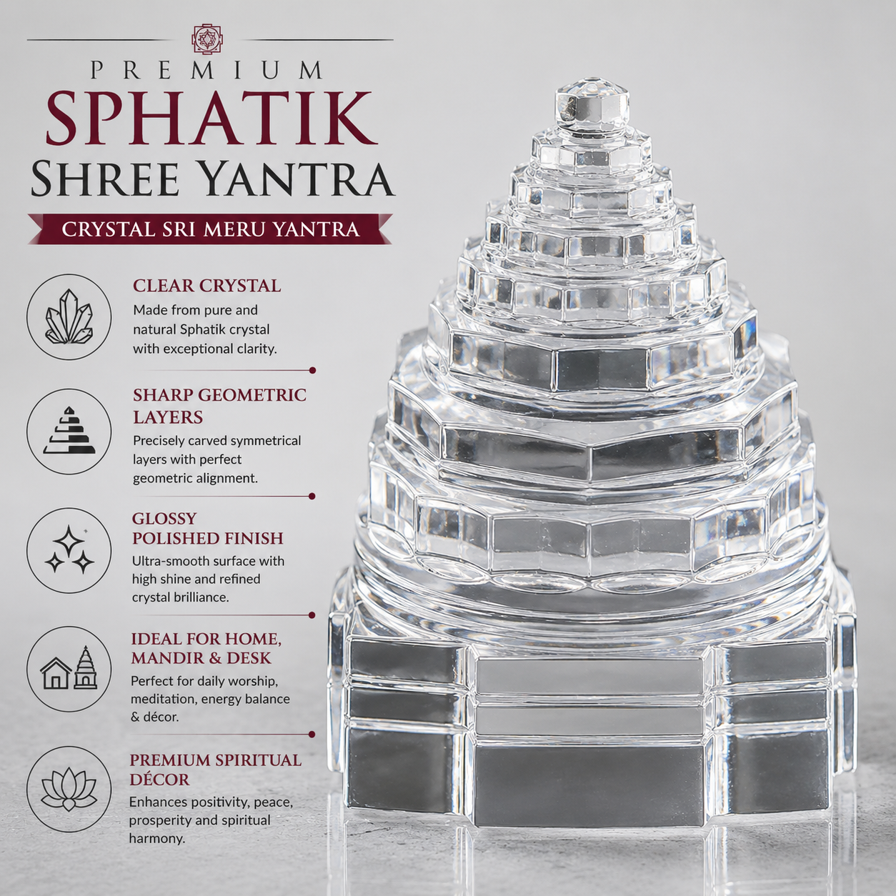 Sphatik Shree Yantra | Premium Crystal Sri Chakra Meru Yantra for Home Mandir, Vastu, Meditation & Spiritual Décor | Available in 5/10/15/20 Kg
