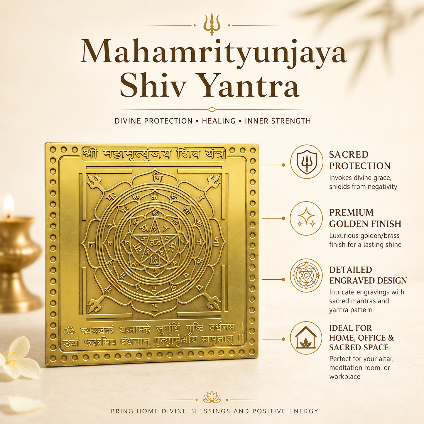 Brass Mahamrityunjay Shiv Yantra | Lord Shiva Vastu Yantra for Pooja, Protection & Positive Energy