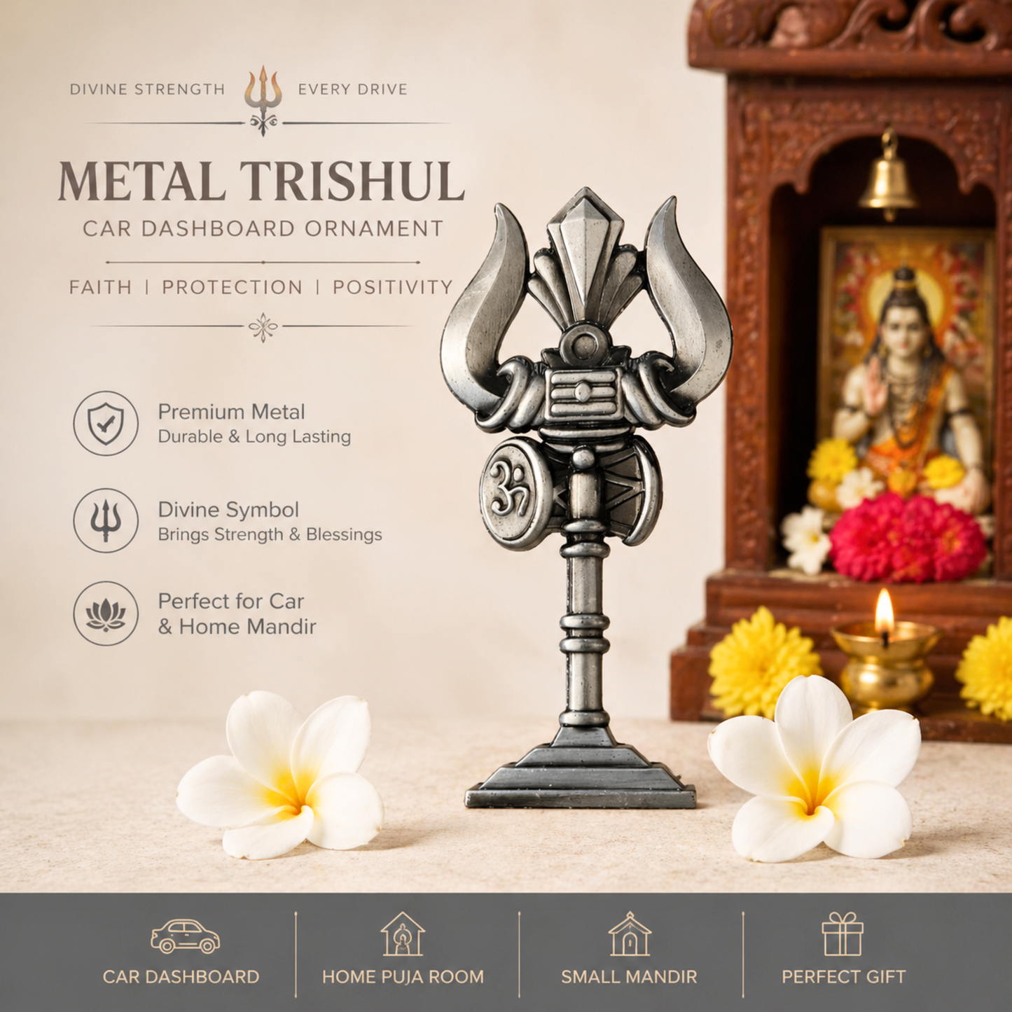 Trishul Damru Om Dashboard Idol with Shivling – Lord Shiva Spiritual Car & Home Decor