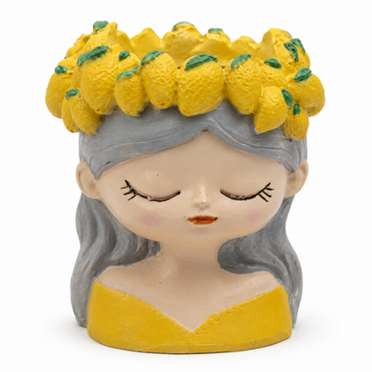 Cute Girl Face Planter with Lemon Crown – Resin Head Planter Pot for Succulents, Desk Decor & Indoor Plants (10 cm)