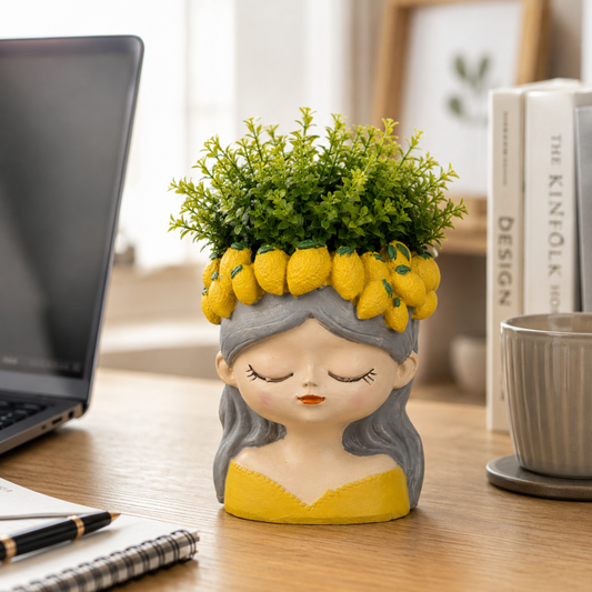 Cute Girl Face Planter with Lemon Crown – Resin Head Planter Pot for Succulents, Desk Decor & Indoor Plants (10 cm)