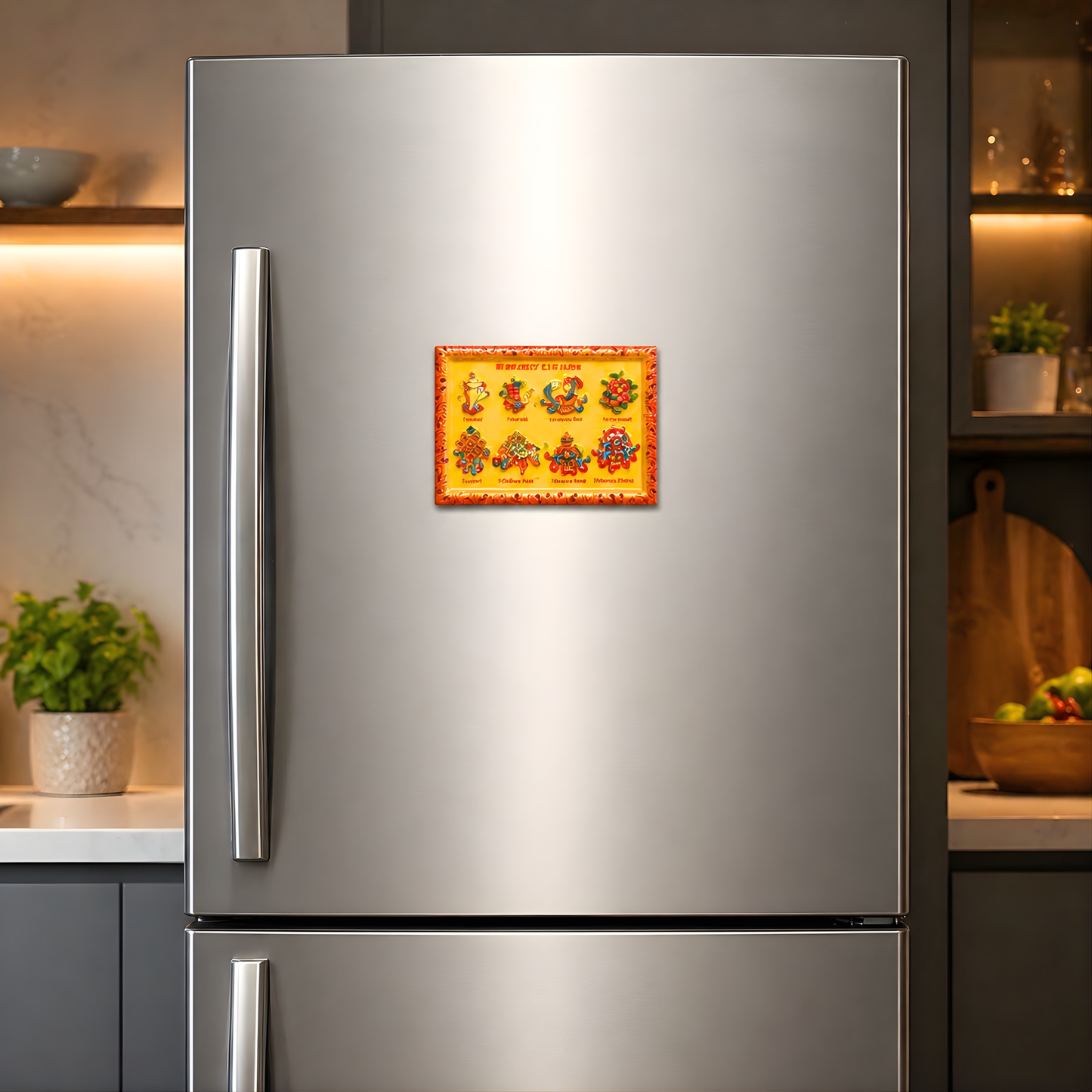 Eight Lucky Signs Fridge Magnet | Buddhist Ashtamangala Souvenir Magnet for Refrigerator, Home Decor