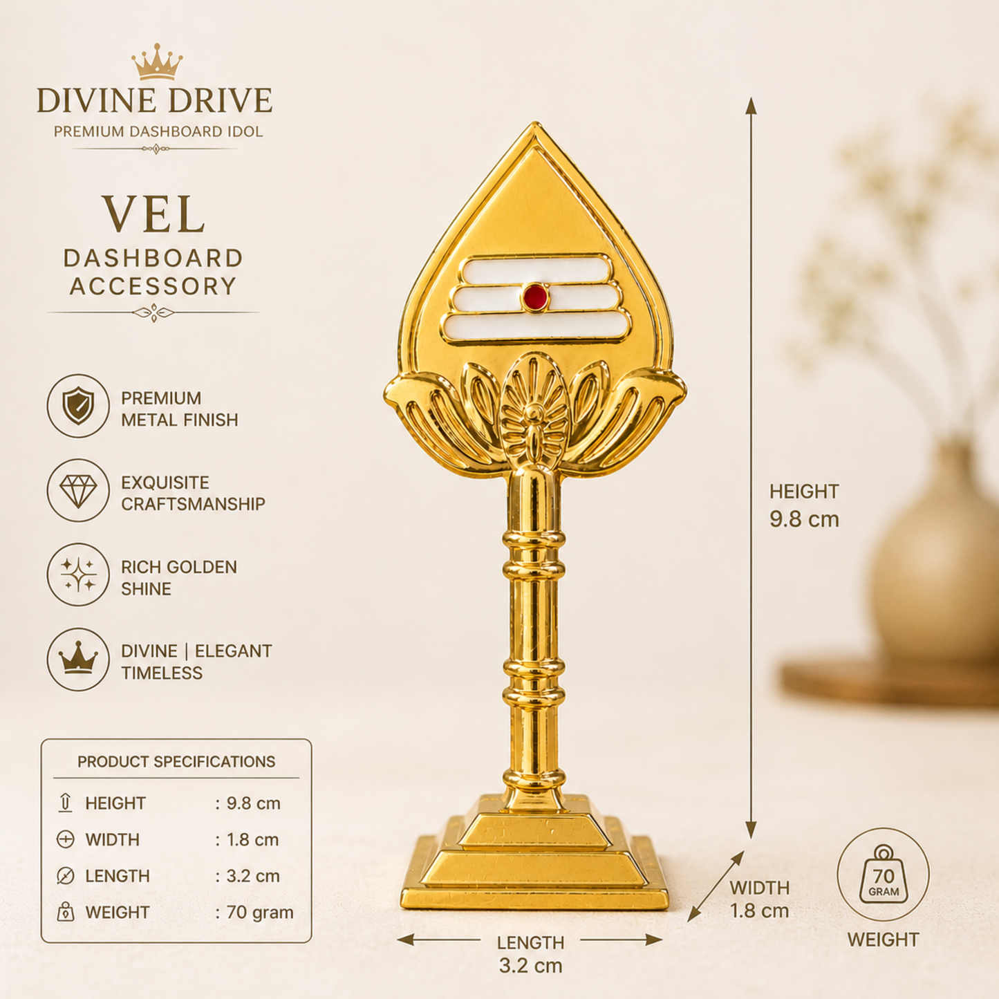 Murugan Vel Dashboard Idol – Sacred Lord Kartikeya Spiritual Decor for Car & Home