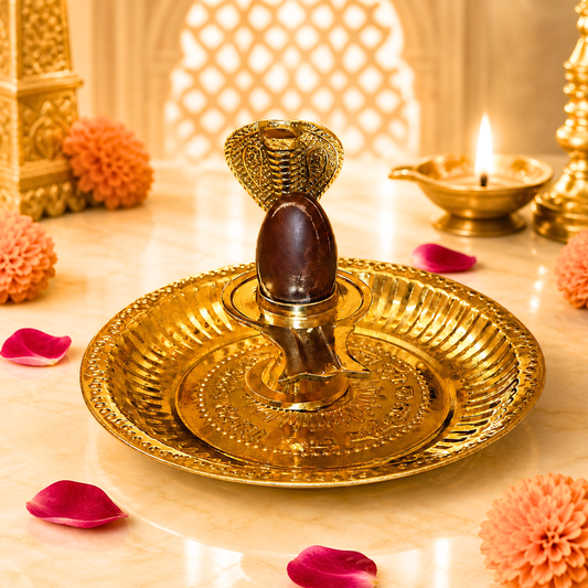 Handcrafted Brass Shivling Pooja Set with Nag Cobra & Decorative Plate | Sawan Pooja, Temple Decor & Spiritual Gift