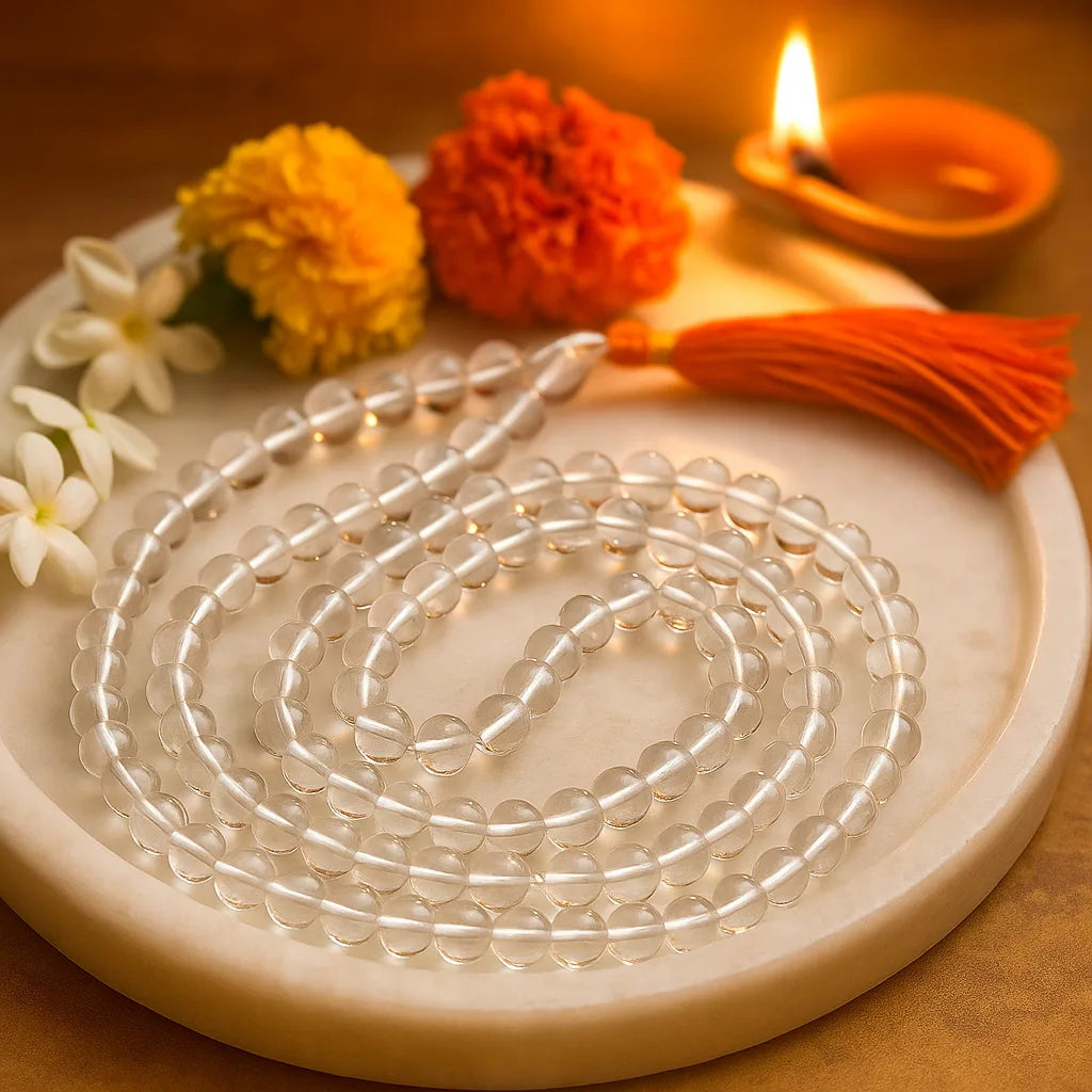 Original Sphatik Mala 108 Beads Clear Quartz Crystal Japa Mala for Meditation Prayer