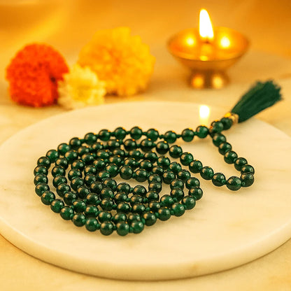 Green Crystal Japa Mala 108 Beads for Meditation Prayer Puja and Mantra Chanting