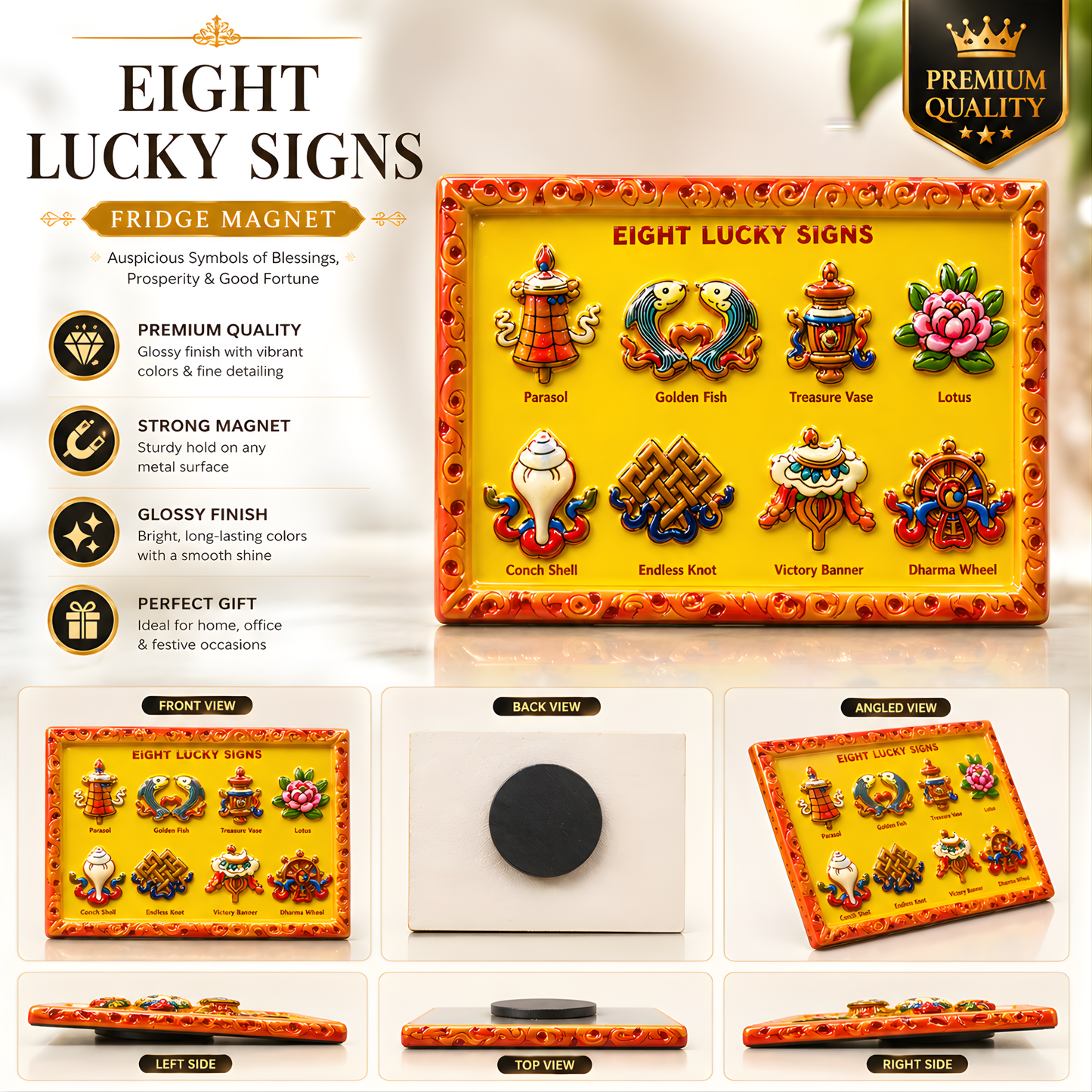 Eight Lucky Signs Fridge Magnet | Buddhist Ashtamangala Souvenir Magnet for Refrigerator, Home Decor