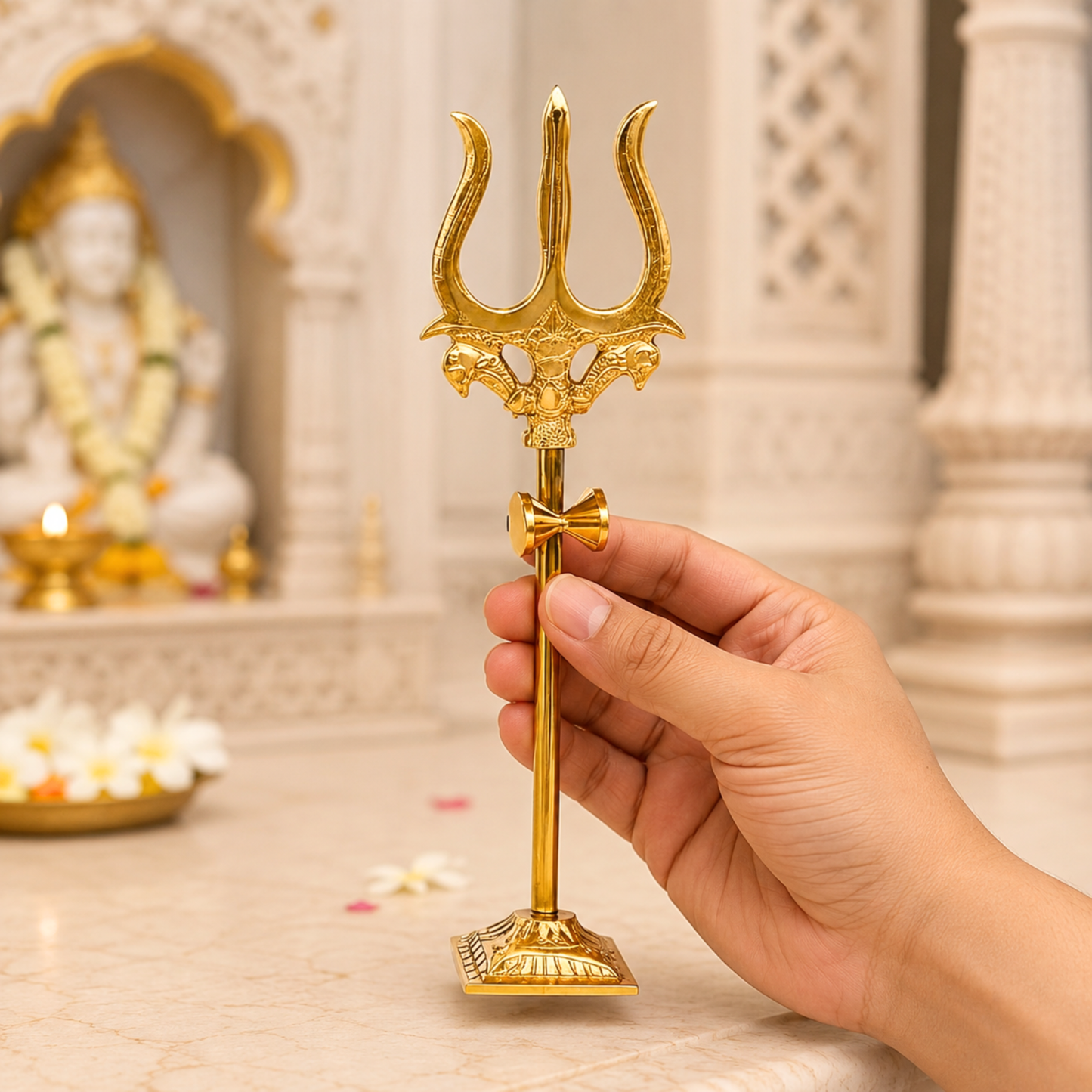 Premium Brass Trishul with Damru Stand