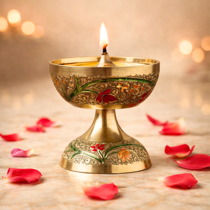 Brass Meenakari Oil Lamp Diya | Handcrafted Akhand Deepak for Pooja, Mandir & Diwali Decor
