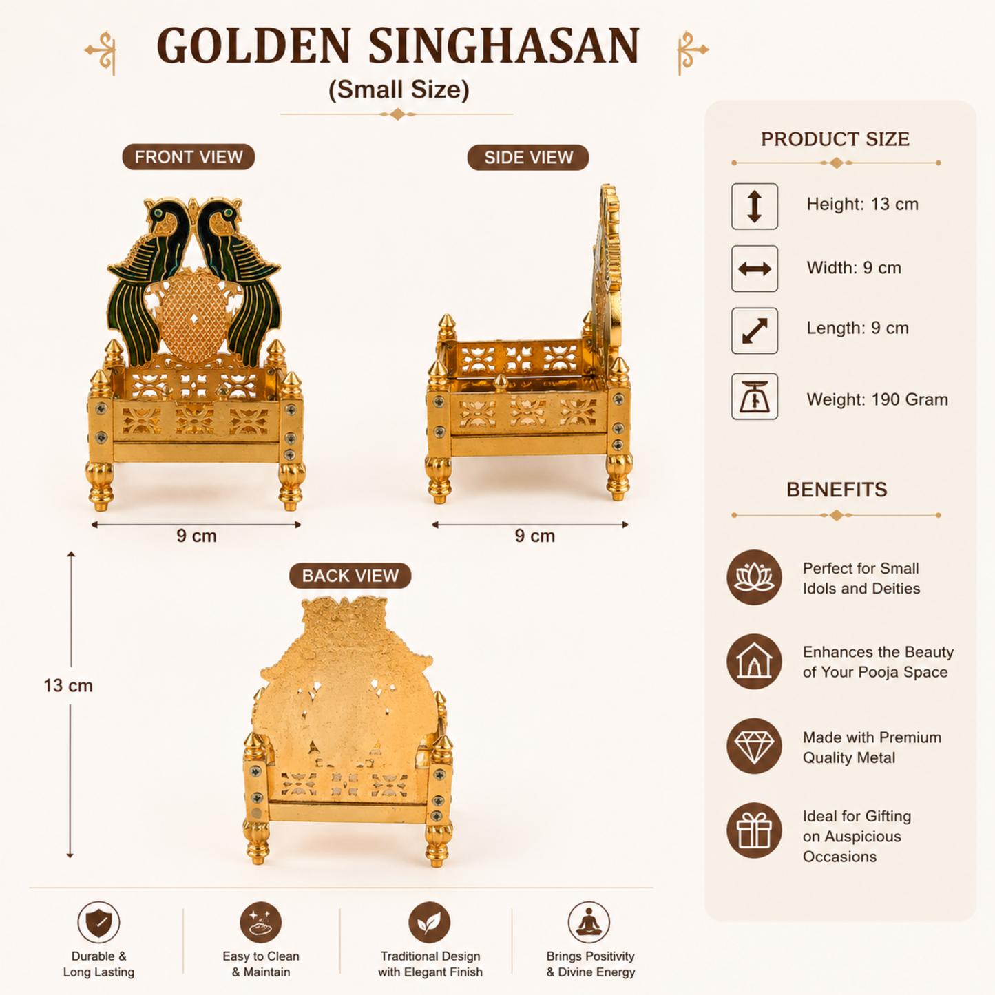 Golden Singhasan for God Idol | Decorative Metal Jhula Throne for Mandir, Ganesha, Krishna, Durga & Lakshmi Idol