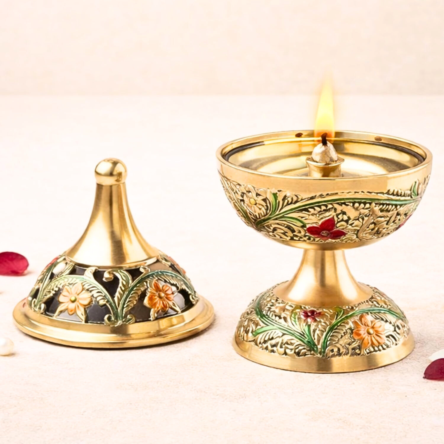 Brass Meenakari Oil Lamp Diya | Handcrafted Akhand Deepak for Pooja, Mandir & Diwali Decor