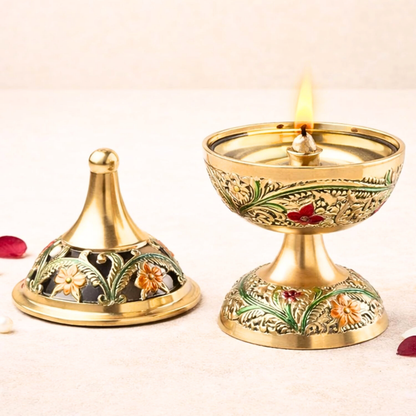 Brass Meenakari Oil Lamp Diya | Handcrafted Akhand Deepak for Pooja, Mandir & Diwali Decor