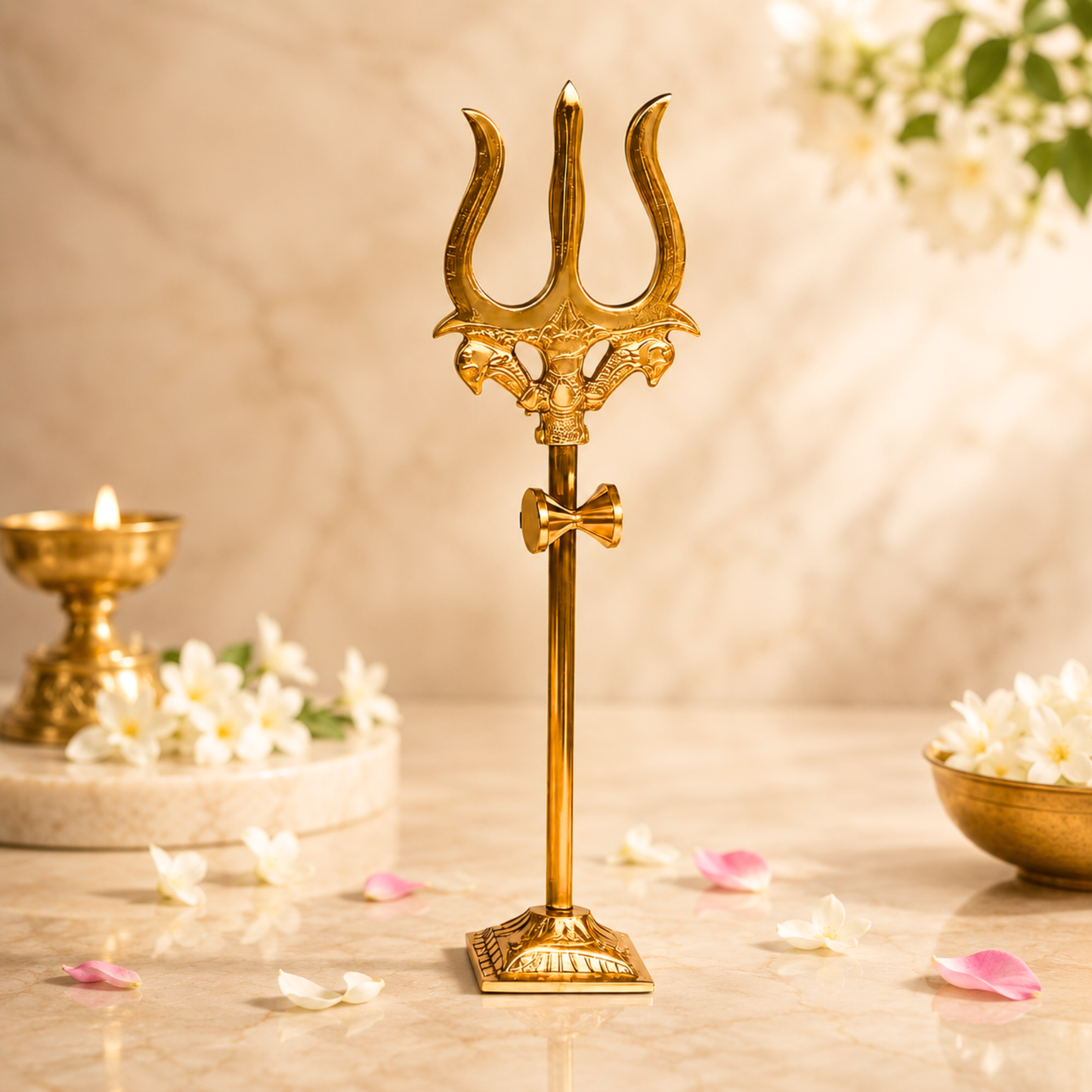 Premium Brass Trishul with Damru Stand
