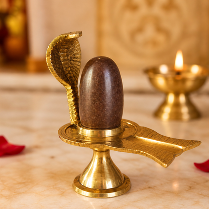 Handcrafted Brass Shivling Pooja Set with Nag Cobra & Decorative Plate | Sawan Pooja, Temple Decor & Spiritual Gift