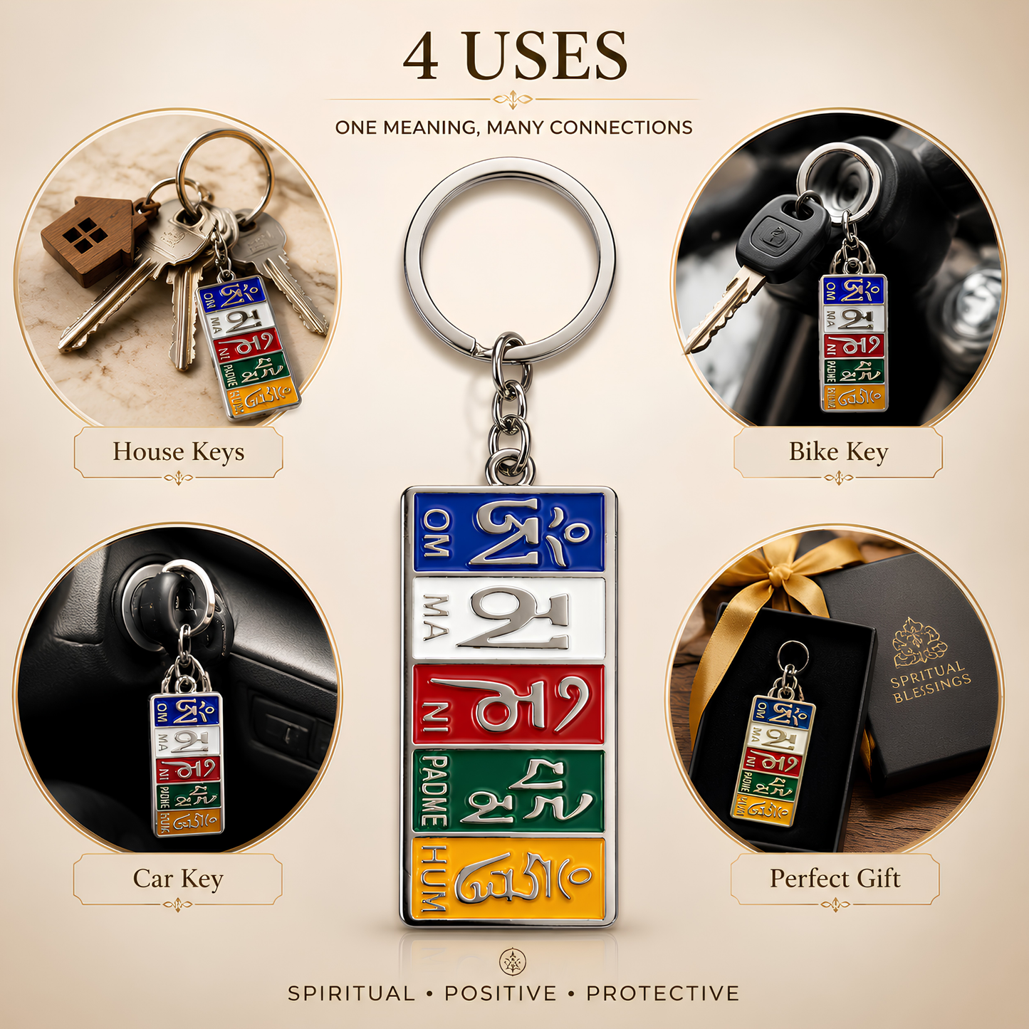 Om Mani Padme Hum Keychain | Tibetan Buddhist Mantra Metal Key Ring for Car, Bike, House Keys & Spiritual Gift