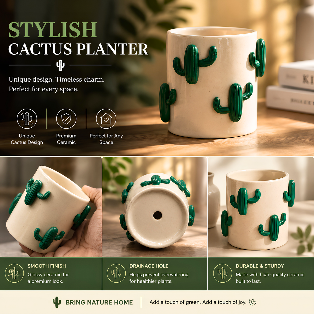 Ceramic Cactus Planter | 3D Printed Flower Pot | Small Indoor Desktop Flower Planter for Home, Table & Office Decor