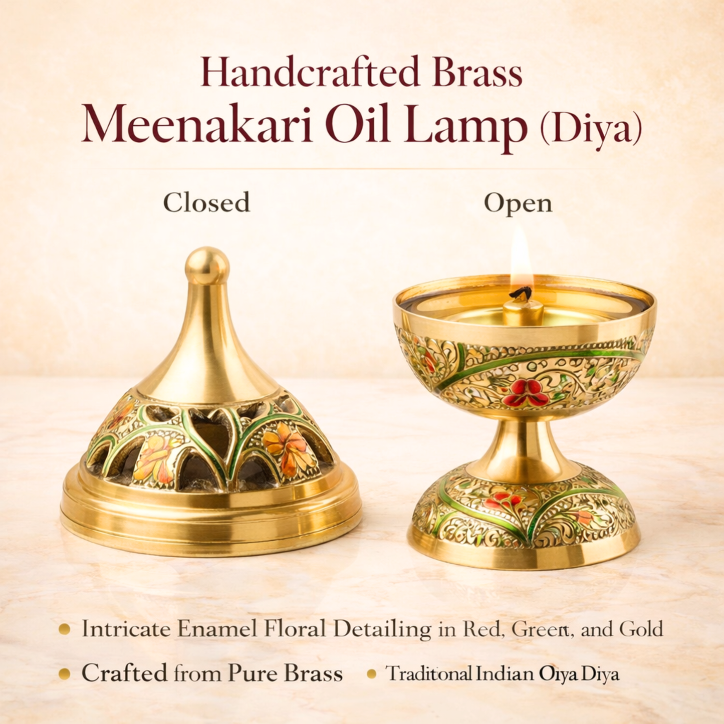 Brass Meenakari Oil Lamp Diya | Handcrafted Akhand Deepak for Pooja, Mandir & Diwali Decor