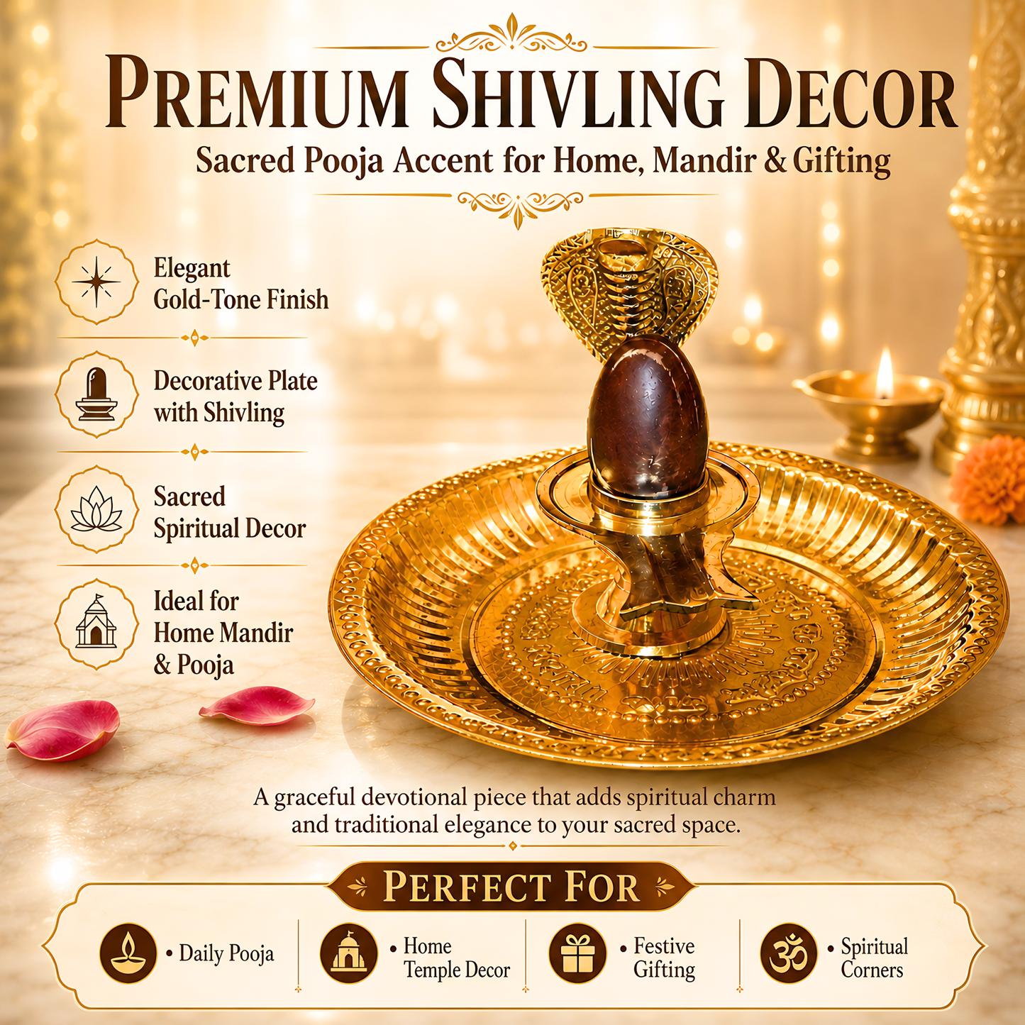 Handcrafted Brass Shivling Pooja Set with Nag Cobra & Decorative Plate | Sawan Pooja, Temple Decor & Spiritual Gift