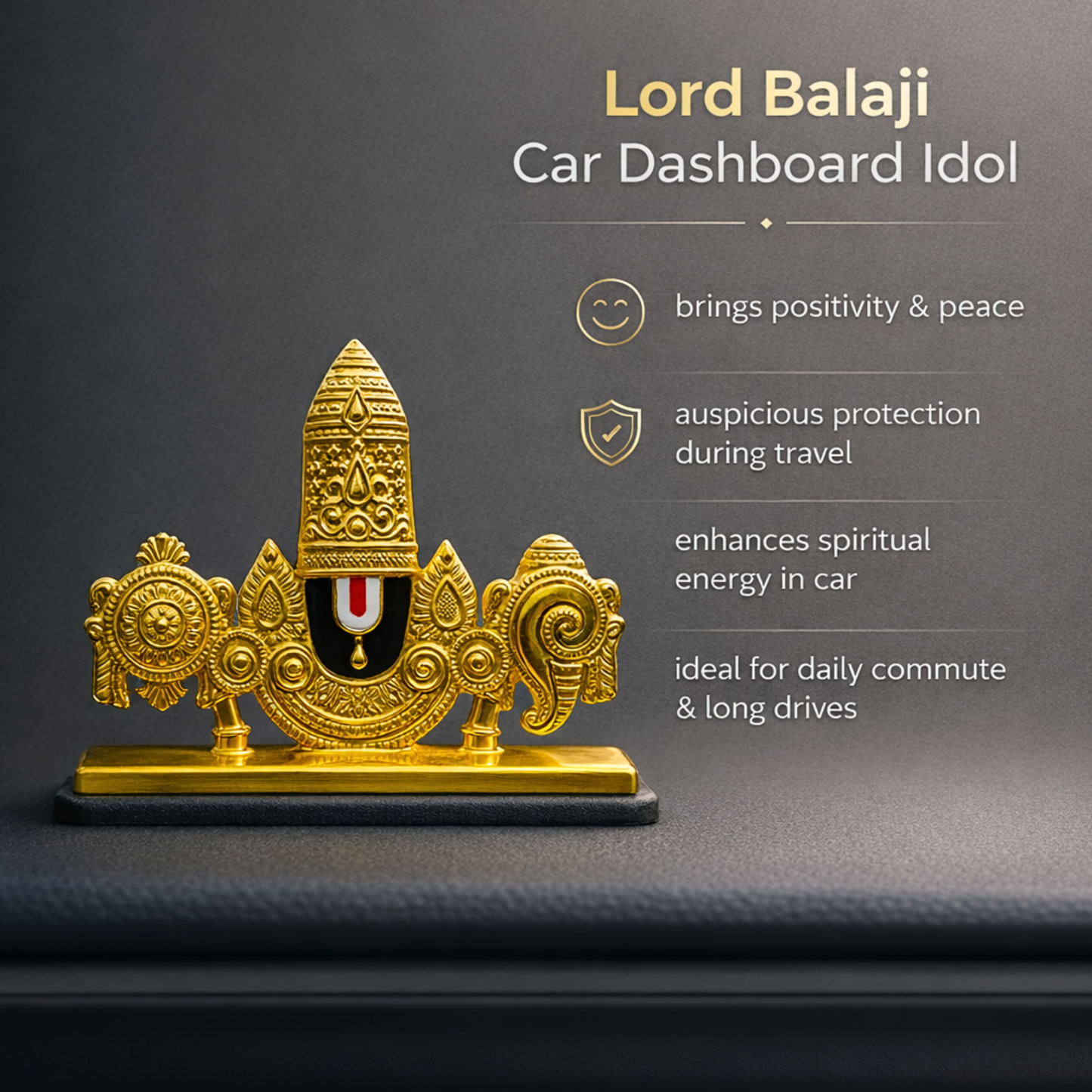 Tirupati Balaji Namam Shankh Chakra Dashboard Idol for Car Home Mandir Office Desk Decor