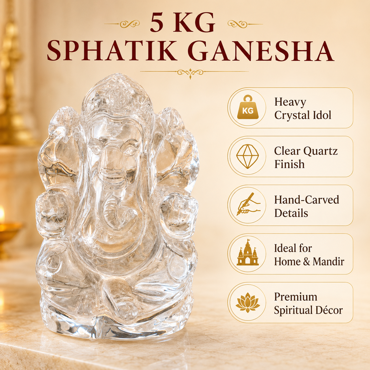 Sphatik Ganesh Idol for Home Decor | Crystal Ganesha Murti, Ganpati Idol for Home Mandir, Meditation, Vastu, Office Desk, Housewarming, Wedding & Spiritual Gift | 5/10/15/20 Kg