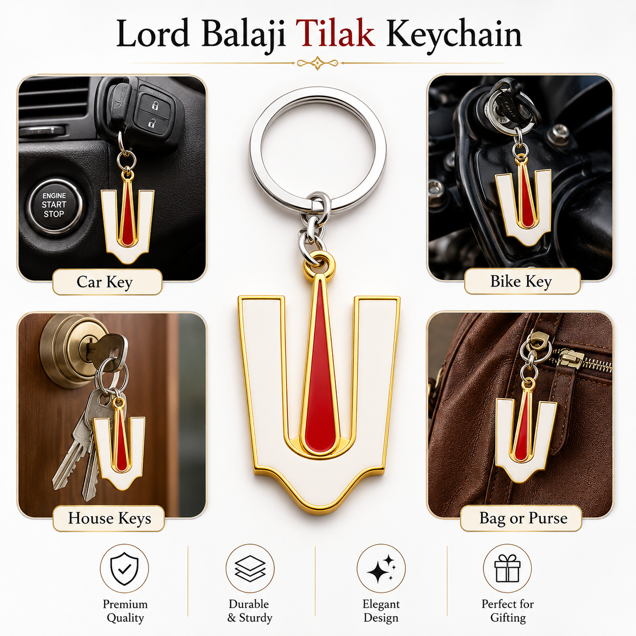 Lord Balaji Tilak Keychain | Tirupati Balaji Metal Key Ring | Hindu Spiritual Gift
