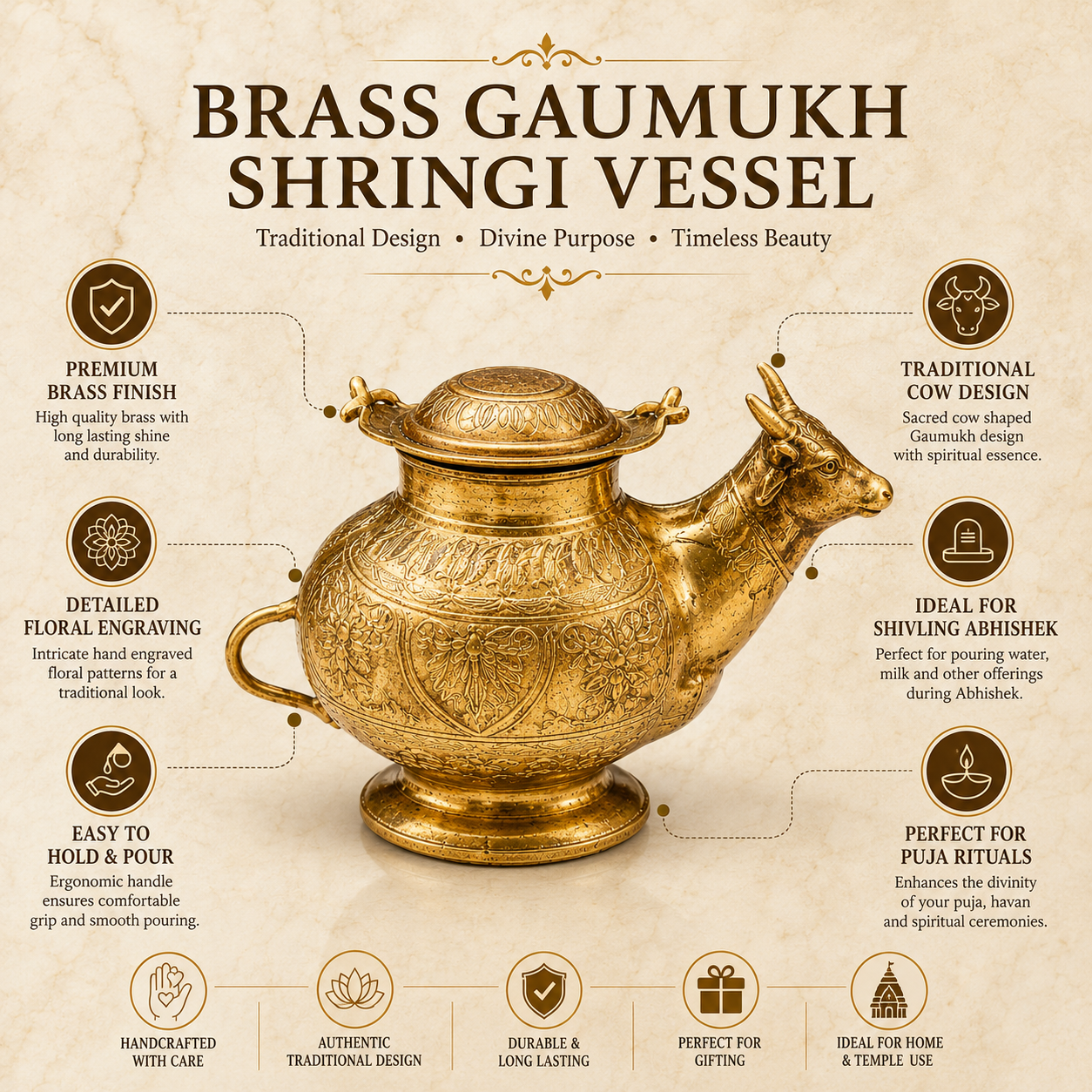 Brass Gomukh Shringi Pot | Cow Shaped Abhishek Kalash for Shivling Jal Dhara
