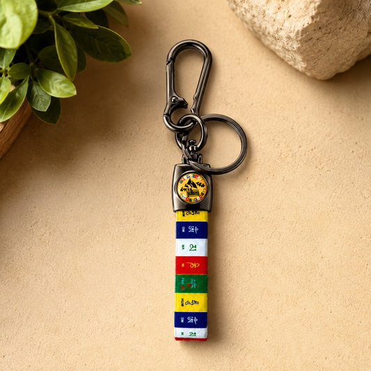 Om Mani Padme Hum Fabric Strap Keychain with Carabiner Clip | Tibetan Buddhist Prayer Flag Keychain
