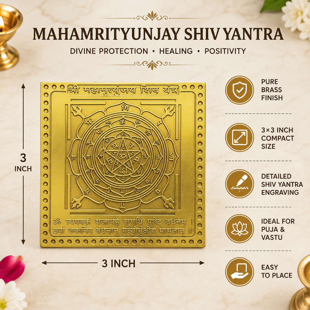 Brass Mahamrityunjay Shiv Yantra | Lord Shiva Vastu Yantra for Pooja, Protection & Positive Energy
