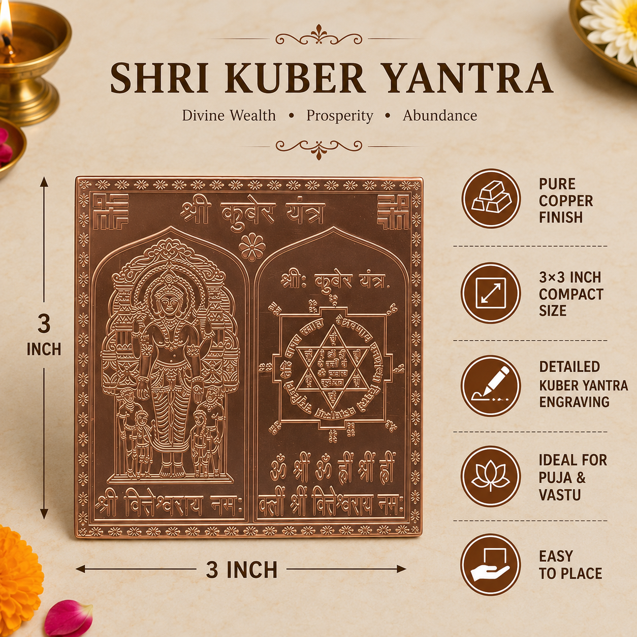 Copper Kuber Yantra | Shri Kuber Yantra for Wealth, Prosperity, Financial Growth & Vastu | Home, Office & Pooja