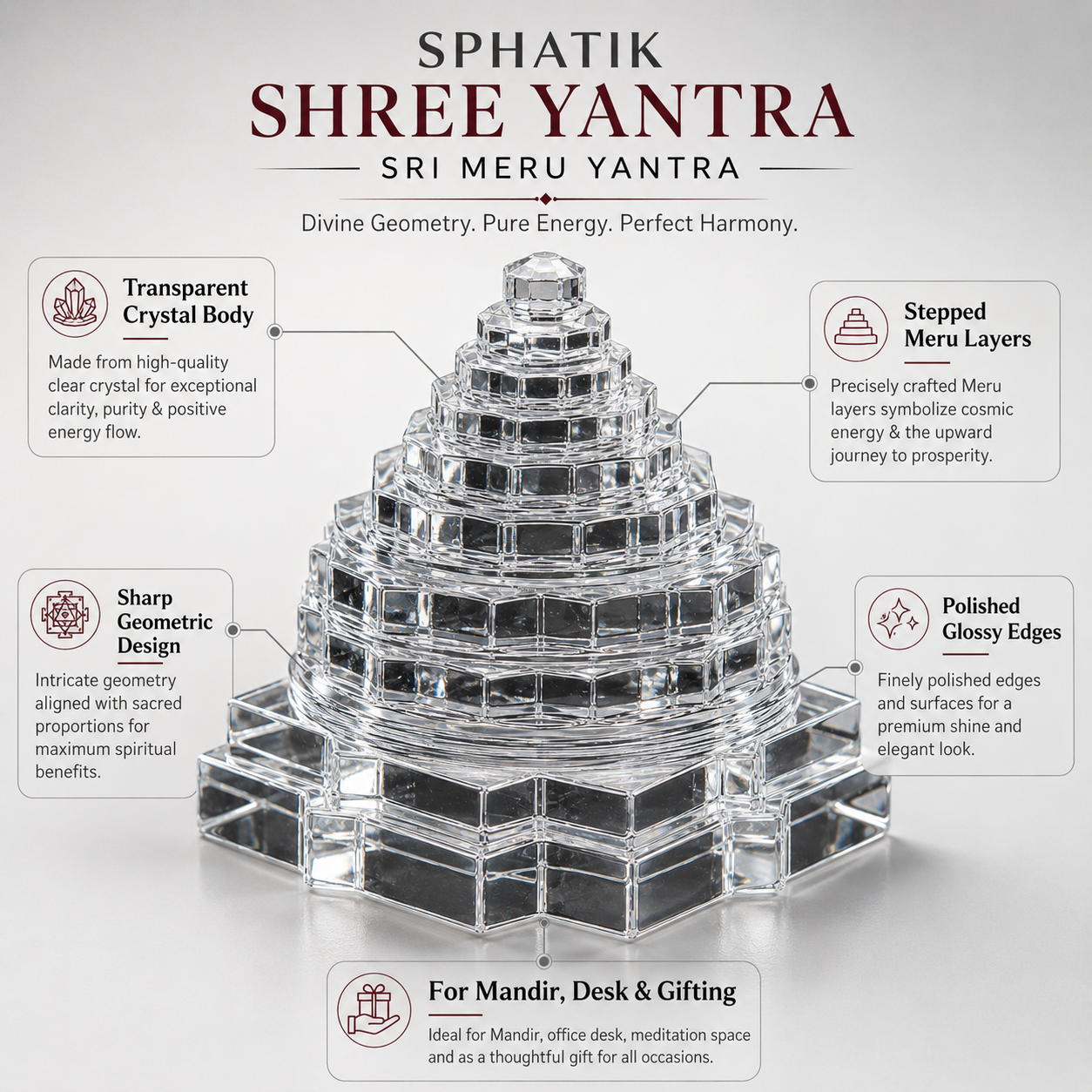 Sphatik Shree Yantra | Premium Crystal Sri Chakra Meru Yantra for Home Mandir, Vastu, Meditation & Spiritual Décor | Available in 5/10/15/20 Kg